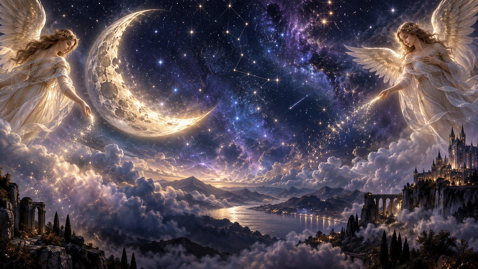 Deux anges veillant autour d'une lune céleste dans un ciel étoilé